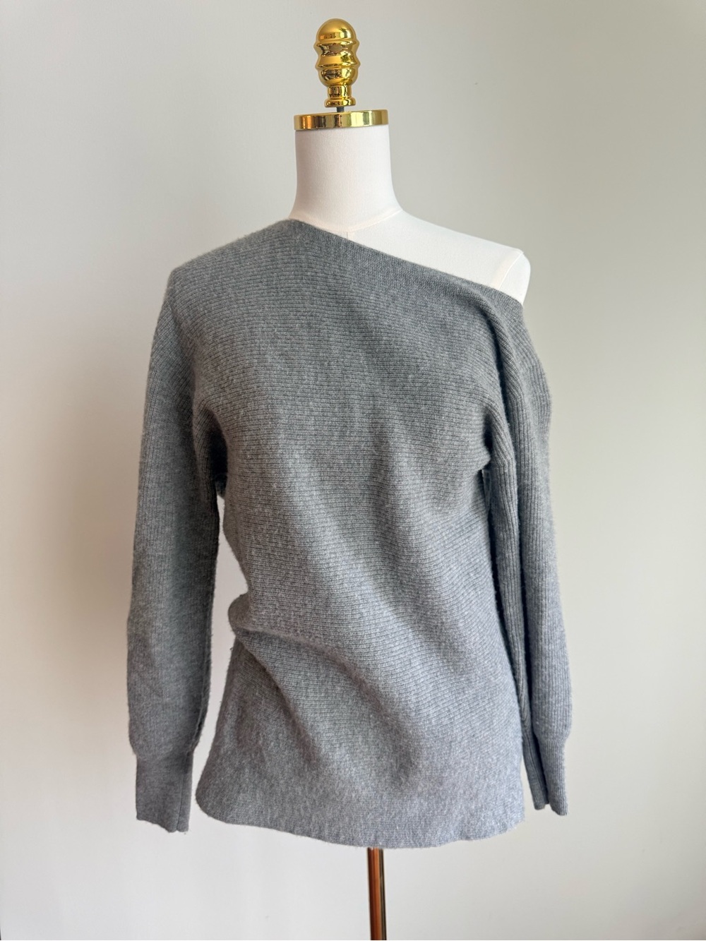 Theory Gray One-Shoulder Ribbed Sweater